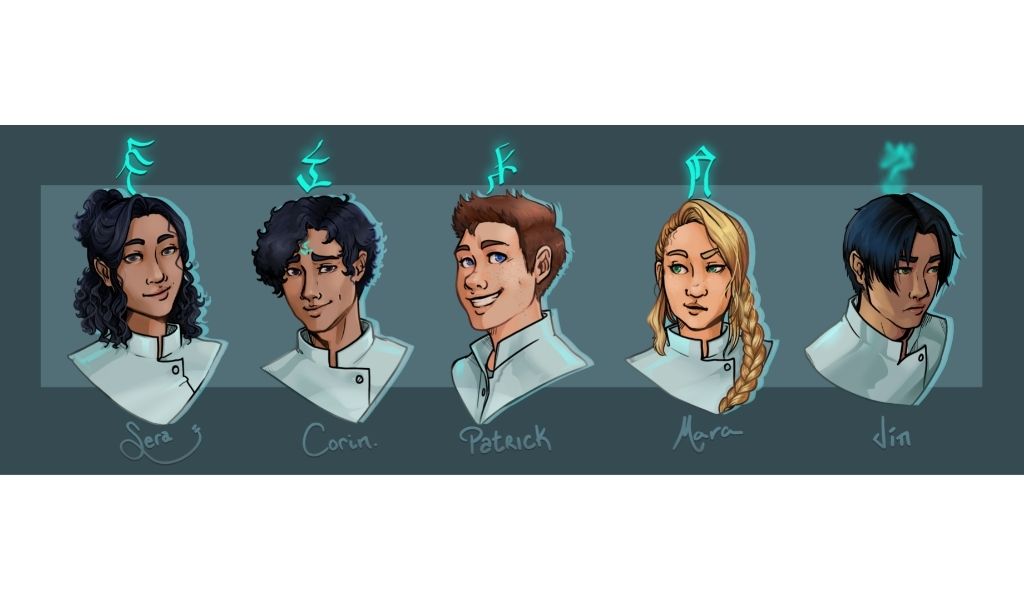 Character art by KrittaArt for Arcane Ascension featuring Sera, Corin, Patrick, Mara, and Jin